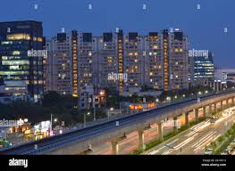 Gurgaon, India, 2019. Aerial shot of Rapid metro tracks in urban areas of  New Delhi NCR, Gurugram, Noida. A very useful addition to existing DMRC  rail Stock Photo - Alamy