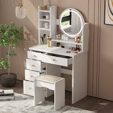 fufu a contemporary white makeup vanity set with round mirror and upholstered chair adjule light modes ljy kf210095 03