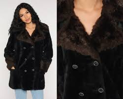 Faux Fur Coat 70s Black Dark Brown Fake