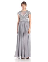 Js Collection Womens Art Deco Short Sleeved Embellished Notch Neckline Gown With Chiffon Skirt
