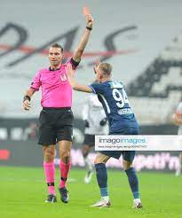 Referee Bahattin Simsek shor red card to Florent Hadergjonaj of Kasimpasa  during the Turkish Super l