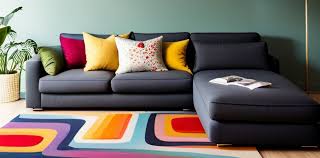 grey sofa and colorful carpet
