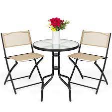 Best Choice S 3 Piece Patio Bistro Dining Furniture Set W Round Textured Glass Table Top Folding Chairs Beige