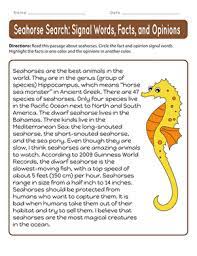 Worksheet will open in a new window. Seahorse Search Signal Words Facts And Opinions Worksheet Education Com