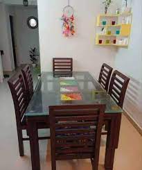 6 Seater Glass Top Wooden Dining Table Set