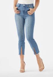 High Rise Front Slit Crop Jeans In Juniper Blue Get Great