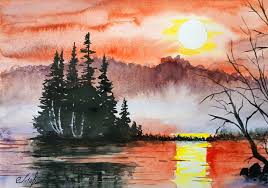 Red Sunset Watercolor Painting