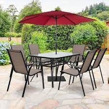 Angeles Home 1 5 In 7 Piece Metal Outdoor Dining Set 6 Stackable Sling Chairs Tempered Glass Dining Table With Umbrella Hole