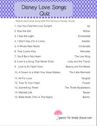 Take this free online trivia quiz on quiz club! Free Printable Disney Love Songs Quiz