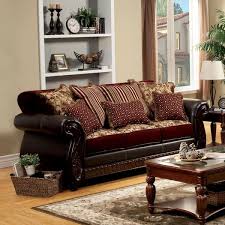 furniture of america quartette 94 in burgundy and espresso round arm faux leather straight sofa in brown