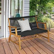 Wellfor 2 Person Natural Wood And Black Fabric Outdoor Bench
