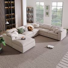 Magic Home 130 3 In Comfy U Shaped Oversized Corner Sectional Sofa Modular Couch With Ottoman In Beige For Living Room