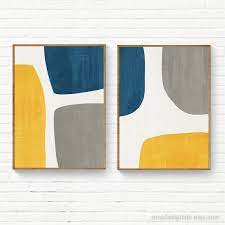 Yellow Blue Abstract Wall Art Set 2