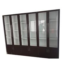 brown glass door wooden book shelf for