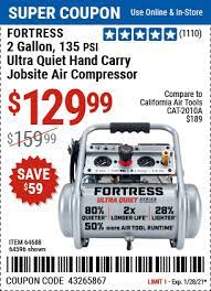 The house brand for harbor freight air compressors is the central pneumatic air compressor. Fortress 2 Gallon 1 2 Hp 135 Psi Ultra Quiet Oil Free Professional Air Compressor For 129 99 Harbor Freight Coupons