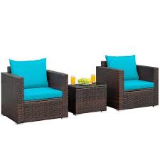 Costway 3pcs Patio Rattan Furniture Set Conversation Sofa Cushioned Turquoise