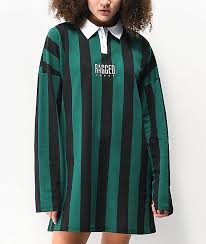 Ragged Jeans Elevator Green Black Striped Long Sleeve Polo Dress