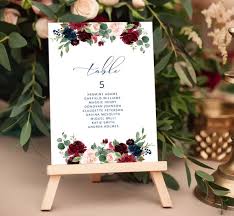 Wedding Table Seating Charts With Beautiful Burgundy Flowers And Elegant Navy Blue Calligraphy Rustic Editable Template Templett Bgnb