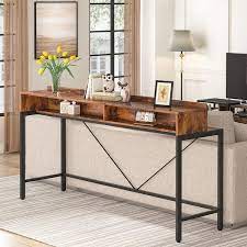 Tribesigns Way To Origin Catalin 71 In Rustic Brown Rectangle Wood Console Table With Storage 2 Tier Long Narrow Bar Table Behind Couch Sofa