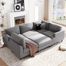 98 In Flared Arm 6 Piece Polyester Modular Sectional Sofa In Gray With Ottoman