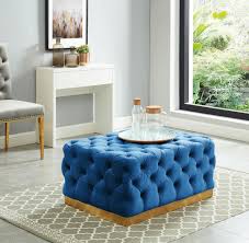 Any interior designer would confirm that a coffee table is a design element that can make a living room feel more welcoming in an instant. K Living Portia Tufted Velvet Ottoman In Navy Blue With Stainless Steel Brush Gold Base Walmart Canada