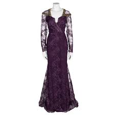 Badgley Mischka Couture Purple Lace Embellished Shoulder Detail Long Sleeve Gown M