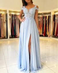 Light Blue Chiffon Off The Shoulder Prom Dresses Lace Appliques Formal Evening Dress