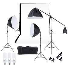 Photography Studio Lighting Softbox Photo Light Muslin Backdrop Stand Kit With Three 60cm Octagon Softbox Cantilever Light Stand Bulbs White Black Backdrop Carrying Bag Andoer Com