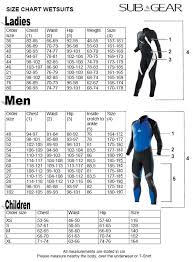 Size Chart For Subgear Scubapro Wetsuits
