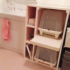 krskmk instagram 弟に作ってもらった2段の猫トイレ 洗面所のピンクに合わせて内側もピンクに 猫トイレ 猫 トイレ ペットと暮らすインテリア 猫