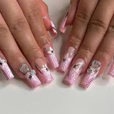 diamond pink fake nails for hea um