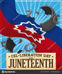 That banner with a bursting star in the middle is the juneteenth flag, a symbolic representation of the end of slavery in the united states. Download Symbolic Design With A Juneteenth Flag Breaking A Shackle As Symbol Of Freedom And Scroll Announcing This Date Also Called Cel Liberation Depositaron