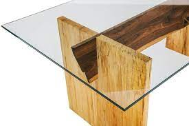 Maple Slab Base Glass Top Dining Table