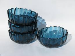 Retro Vintage Blue Glass Salad Set Mod