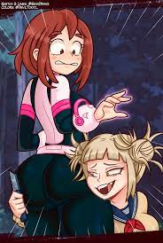 semidraws, toga himiko, uraraka ochako, boku no hero academia, absurdres,  highres, 2girls, artist name, ass, black bodysuit, blonde hair, blunt  bangs, bodysuit, brown eyes, brown hair, cardigan, double bun, fangs, hair  bun,