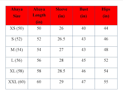 Abaya Hooha Abaya Size Chart