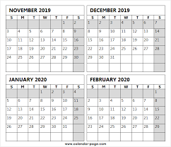 Four Month Nov Dec 2019 Jan Feb 2020 Calendar Horizontal