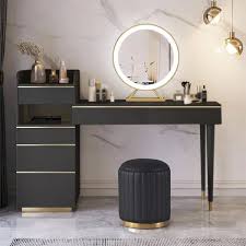 modern black makeup vanity set dressing table with lighted mirror cabinet stool