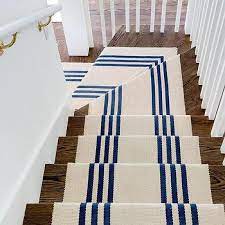 beige and blue striped stair runner