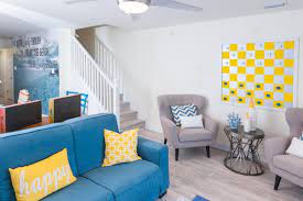 modern blue and yellow living room