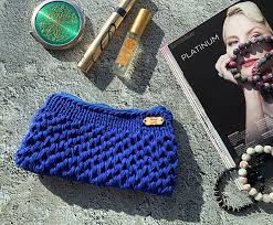 blue crochet cosmetic bag boho knitted