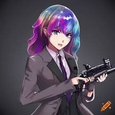 Anime girl with galaxy hair and mafia suit holding a gun on Craiyon