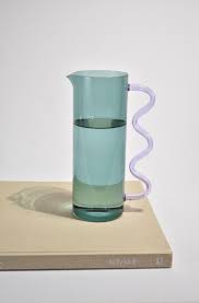 glass pitcher in teal with a lilac wavy