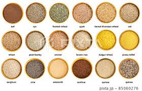 set of various cereal grains in bowls