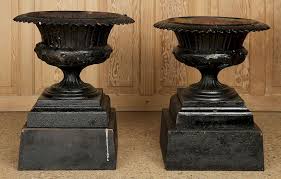 Pair Cast Iron Garden Urns And Bases