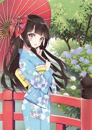 橋に立っている浴衣を着る和傘を差す女の子 | イラスト, かわいいイラスト, かわいい