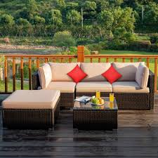 5 Pieces Outdoor Patio Rattan Furniture Set With Cushions Beige