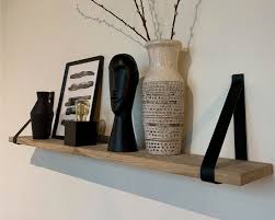 Oak Wall Shelf With Leather Hanging