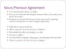 Students learn about the characteristics and needs of nouns and pronouns. Noun Pronoun Agreement Nouns Name Persons Places Or Things Pronouns Are Words That Take The Place Of Nouns In Fact The Word Pronoun Means For Ppt Download