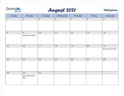 Holidays and observances of august 2021: Philippines August 2021 Calendar With Holidays
